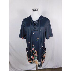 Floral Lace Up V Neck Shirt Womens Large Black Short Sleeve Pockets Tunic Top